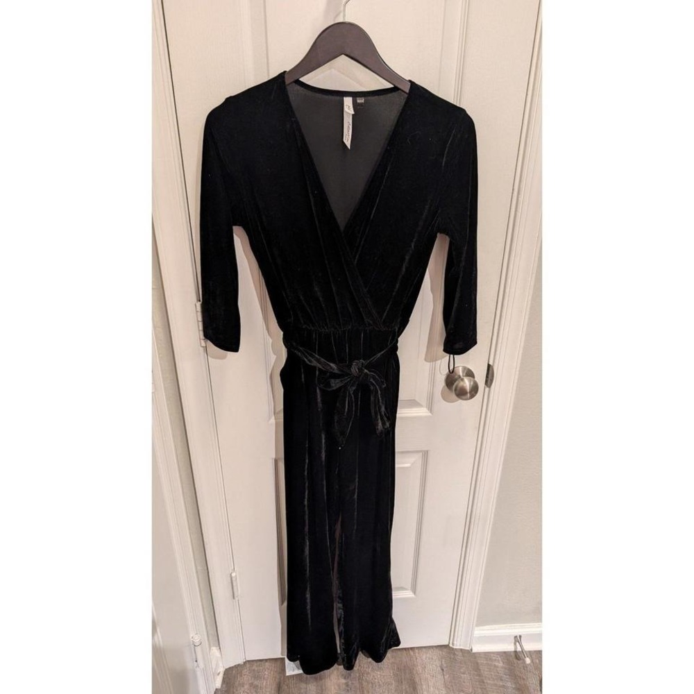 NY Collection Faux‎ Wrap Velvet Jumpsuit Black Womens Size Petite Medium